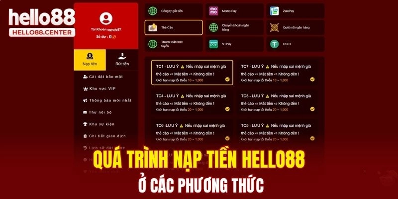 Quá trình nạp tiền Hello88 ở các phương thức